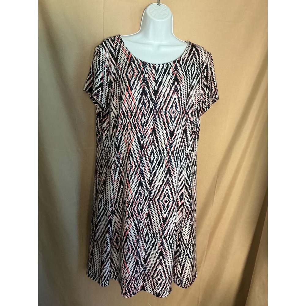 AB Studio Geometric Ikat Dress Womens XL Black White Coral Excellent A-Line